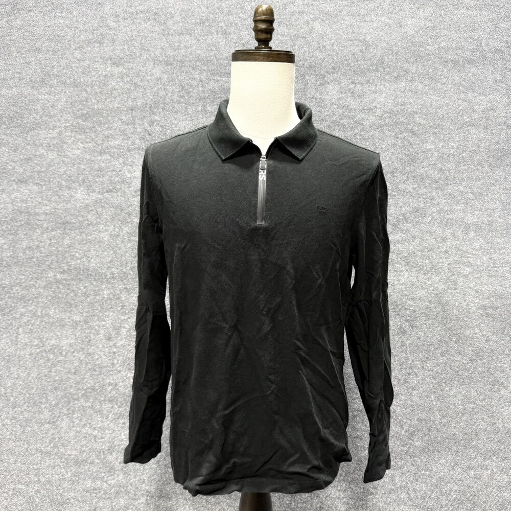 Michael Kors Mens Black Long Sleeve Quarter Zip Polo Shirt Size L MK Logo